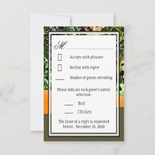 Classy Orange Junting Camouflage Wedding RSVP Card Karte (Rückseite)