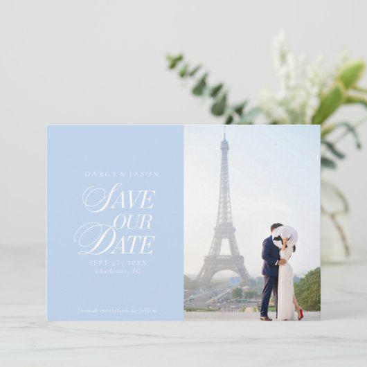 Classy Pastel Blue Elegant Save the Date Card (Stehend Vorderseite)