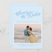 Classy Pastel Blue Elegantes Skript Save the Date (Vorne/Hinten)