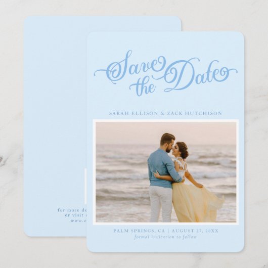 Classy Pastel Blue Elegantes Skript Save the Date (Vorne/Hinten)