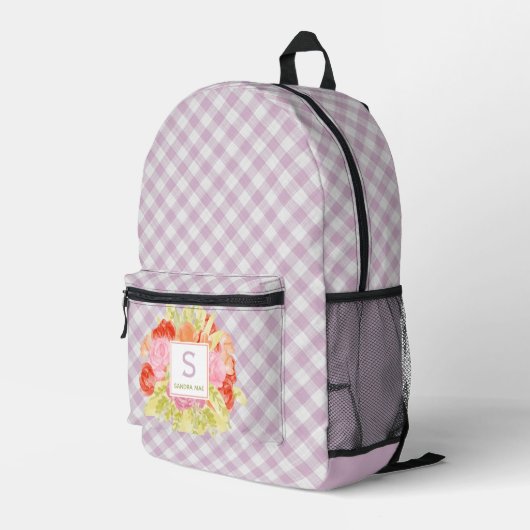Classy Pastel Violet Pink Gingham Karo Pattern Bedruckter Rucksack (Rückseitige Ecke Rechts)