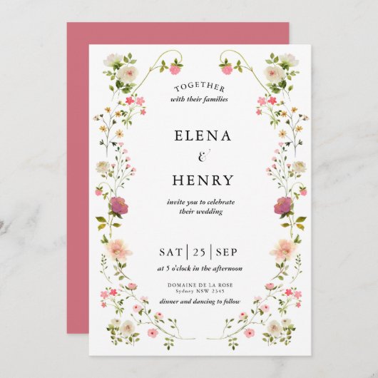 Classy Pastel Wildblume Secret Garden Wedding Einladung (Vorne/Hinten)