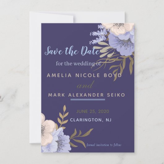 Classy Periwinkle Anemone Save the Date Einladung (Vorderseite)