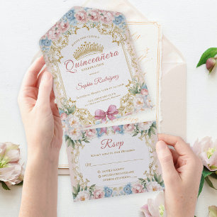 Classy Pink Bow Floral Quinceañera All In One Einladung