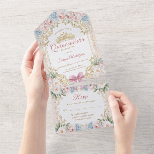 Classy Pink Bow Floral Quinceañera All In One Einladung (Abreißtisch)