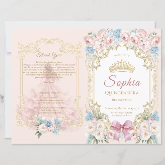 Classy Pink Bow Floral Quinceanera Programm (Vorderseite)