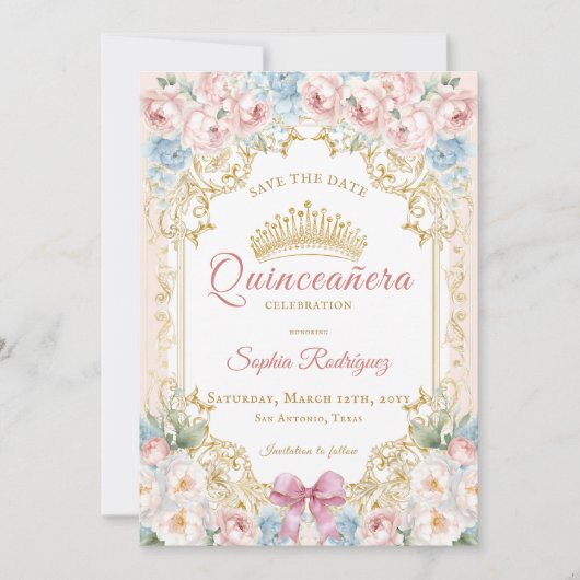 Classy Pink Bow Floral Quinceanera Save the Date Ankündigung (Vorderseite)