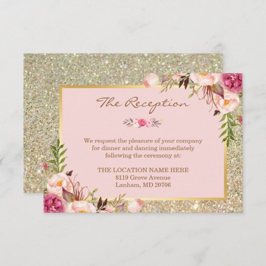 Classy Pink Floral Gold Glitzer Hochzeitsempfang Begleitkarte (Vorne/Hinten)