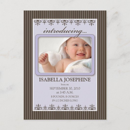 Classy Pinstripe Lilac Kinderankündigung Postkarte (Vorderseite)