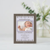 Classy Pinstripe Lilac Kinderankündigung Postkarte (Stehend Vorderseite)
