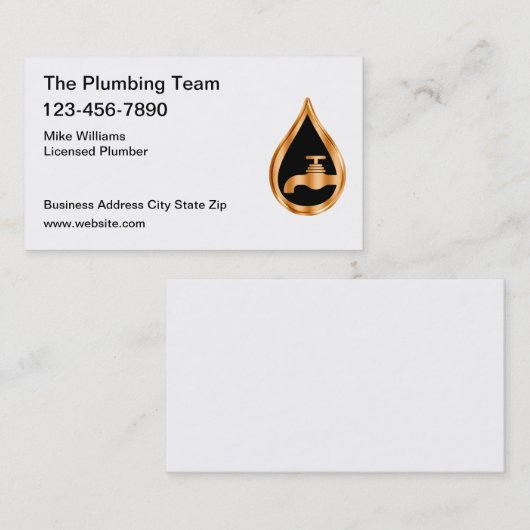 Classy Plumbing Service Gold Tone Wassertropfen Visitenkarte (Vorne/Hinten)