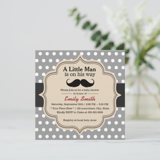 Classy Polka Dots Mustache Little Man Baby Dusche Einladung (Stehend Vorderseite)