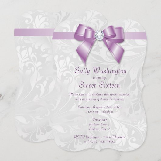 Classy Posh Diamond Bow & Damask Geburtstag Einladung (Vorne/Hinten)