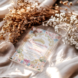 Classy Princess Pink Bow Floral Quinceanera Acryleinladungen