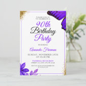 Classy Purple Blumen 90. Geburtstag Einladung (Stehend Vorderseite)