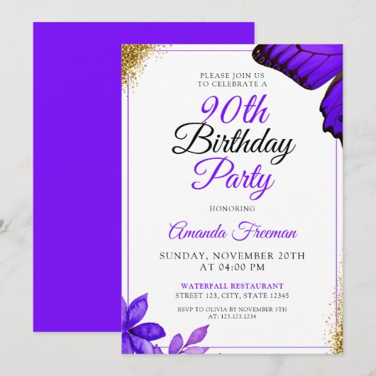 Classy Purple Blumen 90. Geburtstag Einladung (Vorne/Hinten)