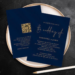 Classy QR Code Gold Navy Einladung zur Hochzeit
