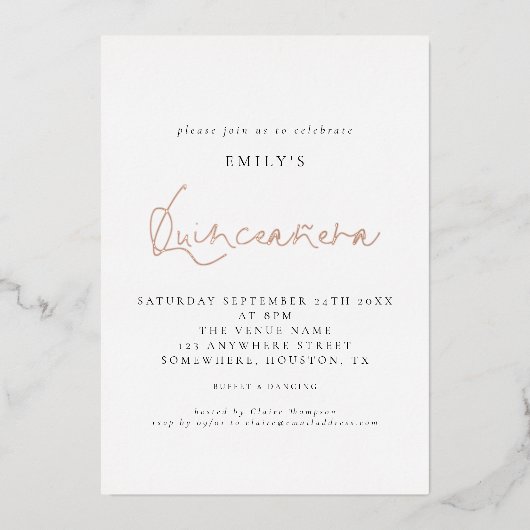 Classy Quinceanera Birthday Party Script Real Foil Folieneinladung (Vorderseite)