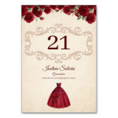 Classy Quinceanera Red Roses Floral Burgundy  Tischnummer (Rückseite)