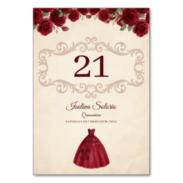 Classy Quinceanera Red Roses Floral Burgundy Tischnummer
