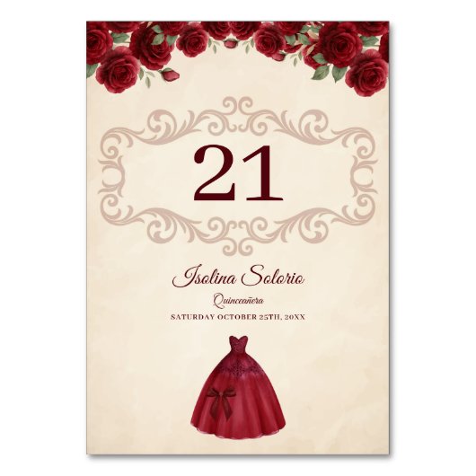 Classy Quinceanera Red Roses Floral Burgundy  Tischnummer (Vorderseite)