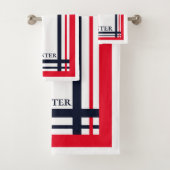 Classy Red and Navy Striping Mit Monogramm Badhandtuch Set (Insitu)