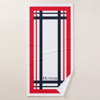 Classy Red and Navy Striping Mit Monogramm Badhandtuch Set
