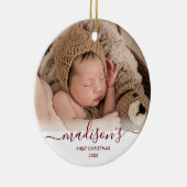 Classy Red Baby's 1. Weihnachts 2 Foto Name Keramik Ornament (Rechts)