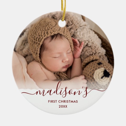 Classy Red Baby's 1. Weihnachts 2 Foto Name Keramik Ornament (Vorne)