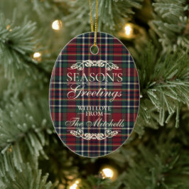 Classy Red Dark Teal Blue Floral Holiday Wreath Keramik Ornament