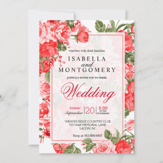 Classy Red Floral Wedding Einladung (Vorderseite)