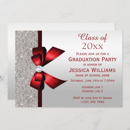Classy Red Gem Bow, Silver Sequins Abschluss Einladung (Vorne/Hinten)