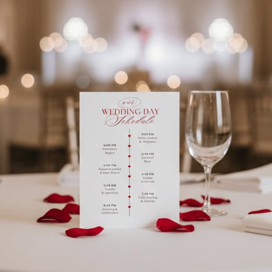 Classy Red Hearts Wedding Day Schedule Timeline  Begleitkarte