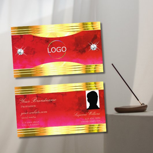 Classy Red Marble Shiny Gold Border Logo und Foto Visitenkarte