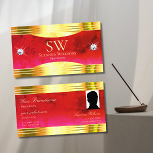 Classy Red Marble Shiny Gold Border Monogram Foto Visitenkarte