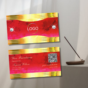 Classy Red Marble Shiny Gold Borders Logo QR Code Visitenkarte