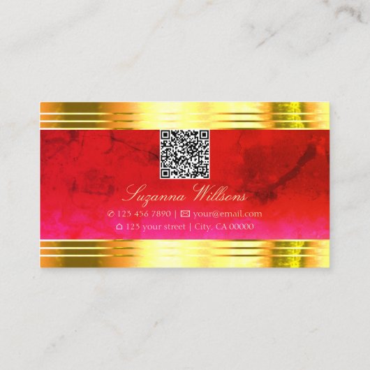 Classy Red Marble Shiny Gold Borders mit QR Code Visitenkarte (Rückseite)