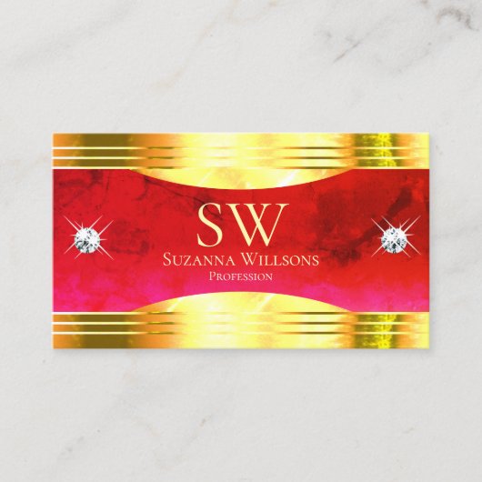 Classy Red Marble Shiny Gold Borders with Monogram Visitenkarte (Vorderseite)