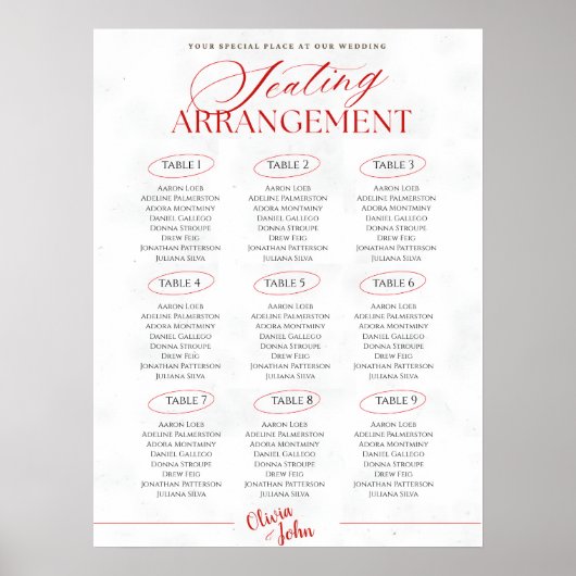 Classy Red Minimalist Wedding Seating Chart Poster (Vorne)