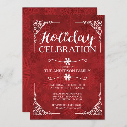 Classy Red Snowflake Holiday Celebration Party Einladung (Vorne/Hinten)
