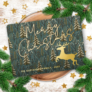 Classy Rentier on Wintery Forest Trees Gold Folien Feiertagskarte