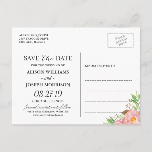 Classy Rose Gold Dots Blumenhochzeit speichern Dat Ankündigungspostkarte (Rückseite)