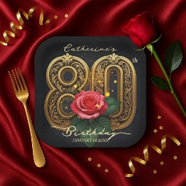 Classy Rote Rose und Gold Filigree 80. Geburtstag Pappteller
