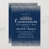Classy Royal Blue Quinceañera Silver Tiara Glitzer Einladung (Vorne/Hinten)
