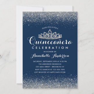 Classy Royal Blue Quinceañera Silver Tiara Glitzer Einladung