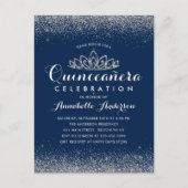 Classy Royal Blue Quinceañera Silver Tiara Glitzer Postkarte (Vorderseite)