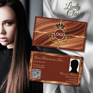 Classy Royal Brown Gold Crown Logo Foto QR Code Visitenkarte