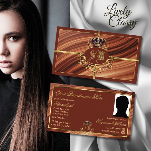Classy Royal Brown Gold Crown mit Monogram Foto Visitenkarte