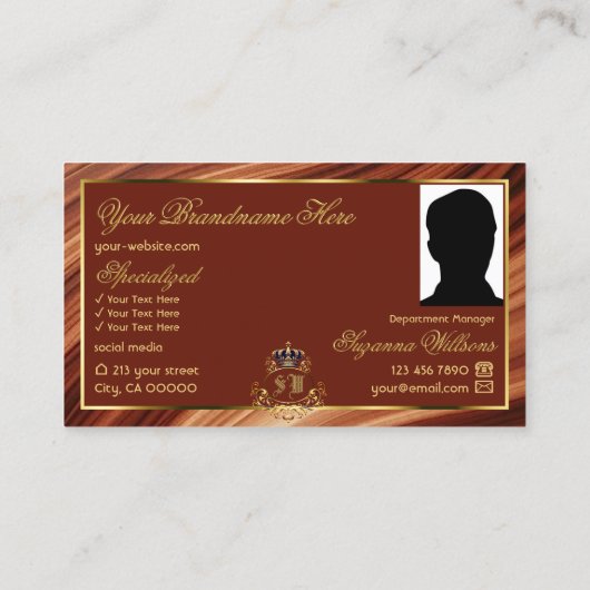 Classy Royal Brown Gold Crown mit Monogram Foto Visitenkarte (Rückseite)