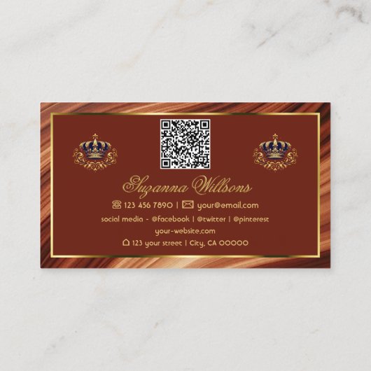 Classy Royal Brown Gold Crown mit QR Code Nobly Visitenkarte (Rückseite)
